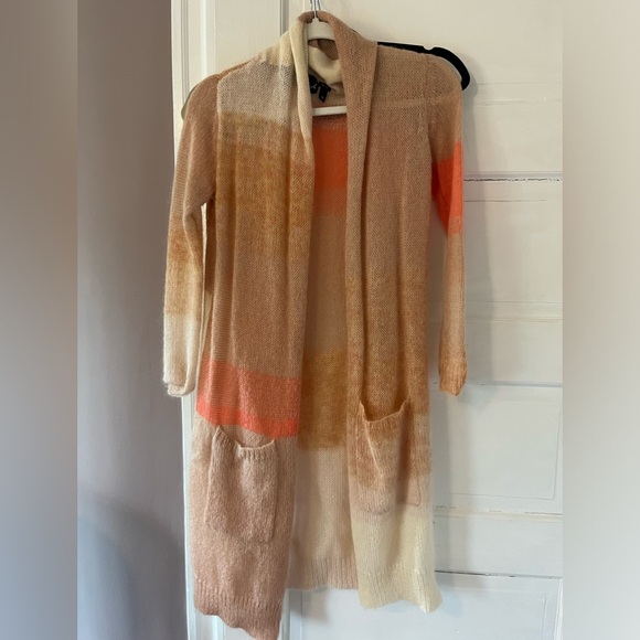 Parrish Mohair Wool Blend Cozy Long Colorblock Open Front Cardigan Pink - Picture 1 of 6